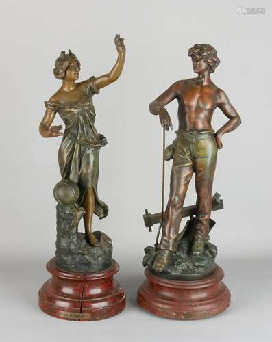 Two antique French composition metal sculptures on wood