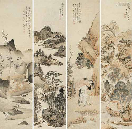 翟继昌 1807年作 临古四屏 镜框 设色洒金笺