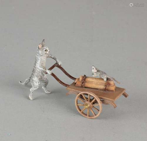 Viennese bronze figure monogrammed K.K. Cat with cart