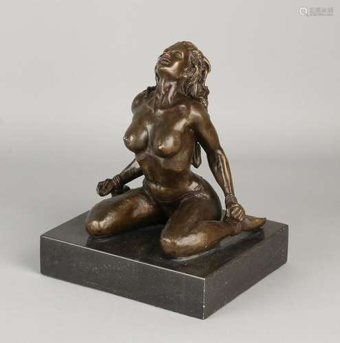 Bronze erotic figure on black marble base. Bondage.