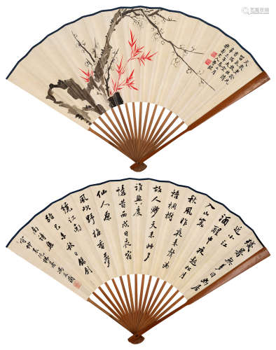 曹琨（1862～1938）冯友兰（1895～1990） 梅竹 书法 成扇 设色纸本