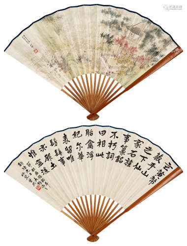 胡也佛（1908～1980）曾熙（1861～1930） 楼阁 书法 成扇 设色纸本