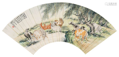 殷梓湘（1909～1984） 1935年作 群马图 扇面 设色纸本
