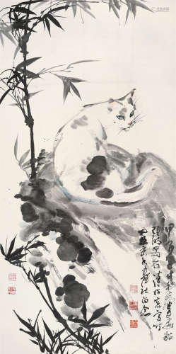 亚明（1924～2002）溥洤（1913～1991）黄胄（1925～1997） 1984年作 猫石图 立轴 设色纸本