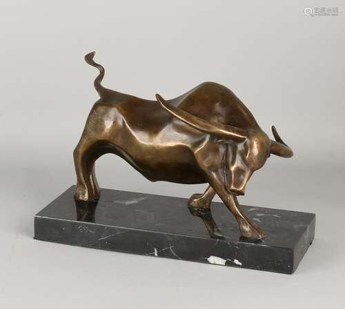 Art Deco style bronze bull. On black marble base. 21st