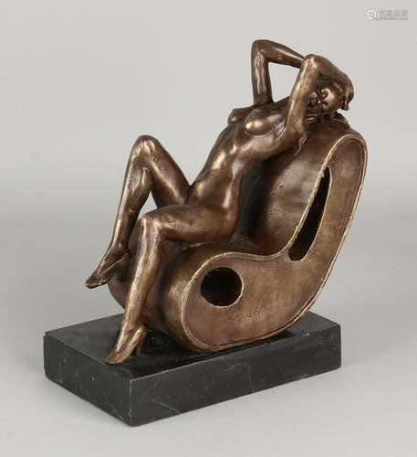 Bronze Fig. Naked lady designer chair. On black marble