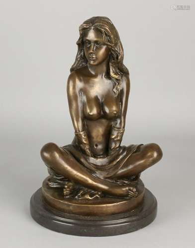 Erotic bronze figure. Half naked lady legged. On black