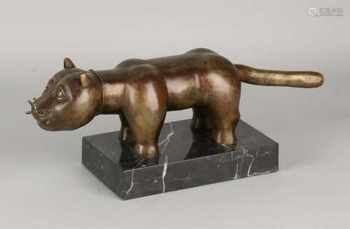 Bronze cat on black marble base. To Botero. 21st