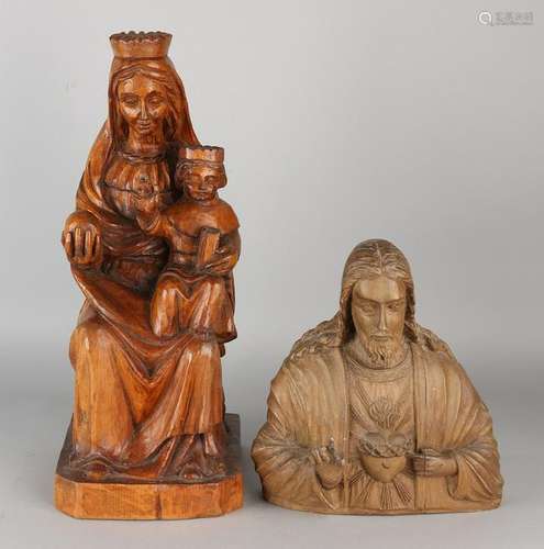 Two antique wood inserted holy figures. Mary with baby