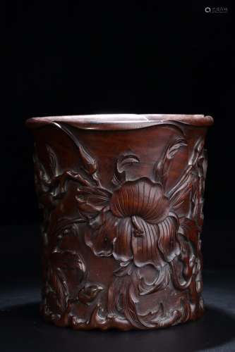 Qing dynasty zitan wood embedded lotus pen holder