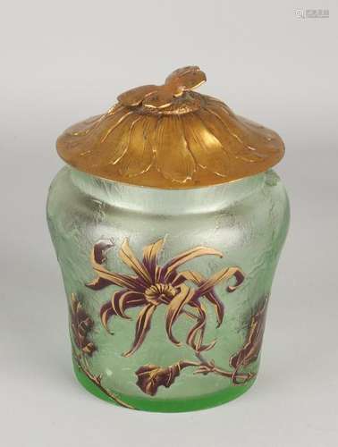 Glass Art Nouveau box with lid reprocessed flowers and