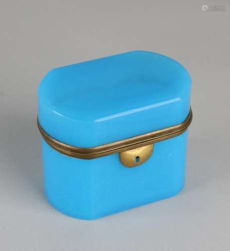 19th Century blue glass tea box with brass lock. No