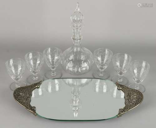 Beautiful crystal carafe set to six floral etched glass