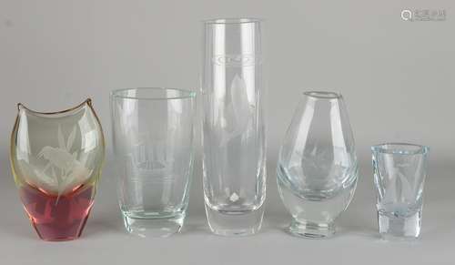 Five Scandinavian glass vases. Some signed. Second half