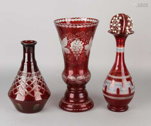 Three times antique Bohemian glassware. Ruby red.