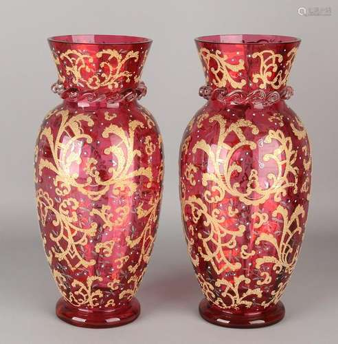 Two large antique cassis-colored glass vases with gold