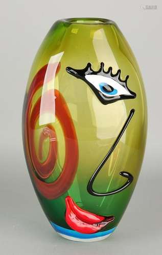 Art glass vase with female face. Red lips + eyelashes.