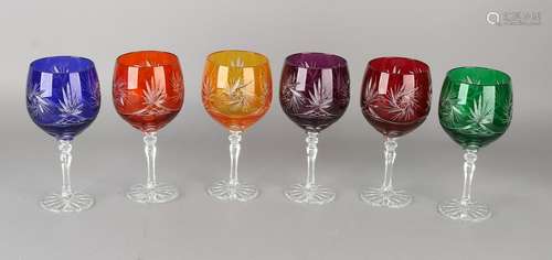 Set of six colored faceted crystals Czech wine glasses.