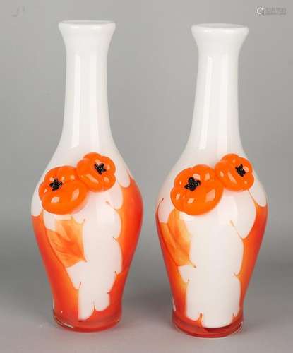 Two modern glass vases with pumpkins. 21st century.