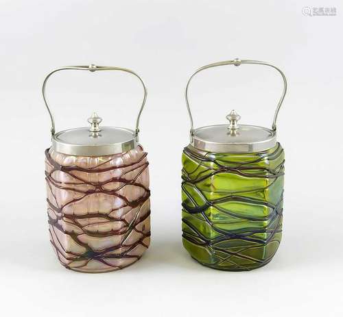 Two antique glass cookie jars with nickel plating. In