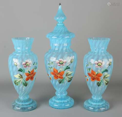 Antique three-piece blue opaline glass cabinet set with