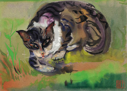 王济远 约1960-1970年代作 猫 纸本水彩