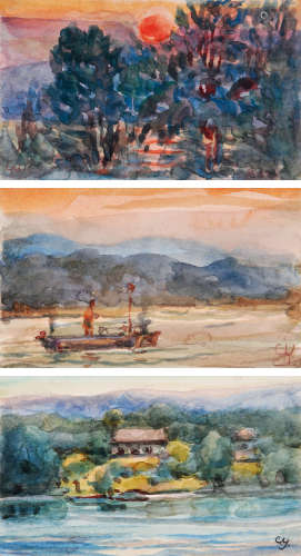 王济远 约1960-1970年代作 风景 （三帧） 纸本水彩