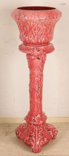 Old flowerpot Majolica pedestal. Cassis color. Floral