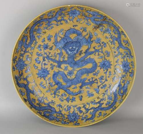 Very old Chinese porcelain dish with blue dragon