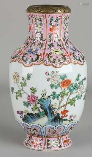 Ancient Chinese porcelain vase Rose Family with brass