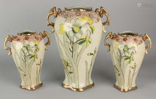 Art Nouveau ceramic vases set. Floral + gold decor.