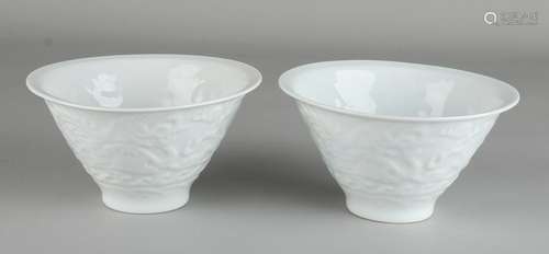 Two Chinese Blanc de Chine dragon bowls with bottom