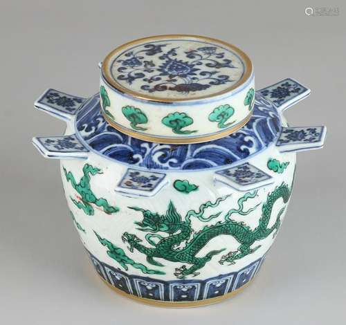 Ancient Chinese porcelain lidded with green dragons