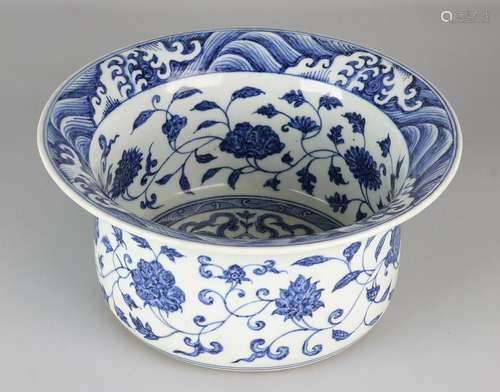 Large Chinese porcelain blue / white bowl with text at