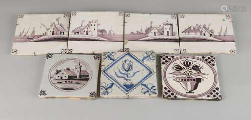 7x Antique Dutch tiles. Divers. 1x 17th Century tulip