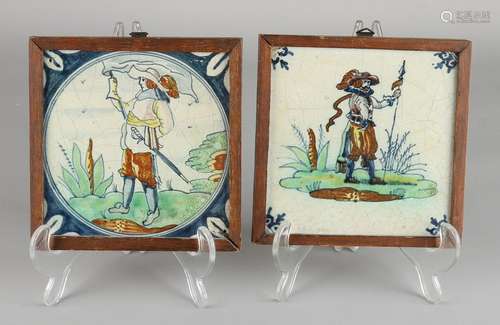 Two antique Dutch tiles in list. With standard-bearers