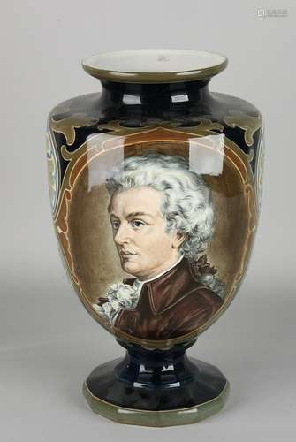 Antique hand painted Majolica vase depicting Mozart.