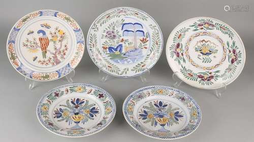 Five antique Delft Fayence polychrome painted plates,