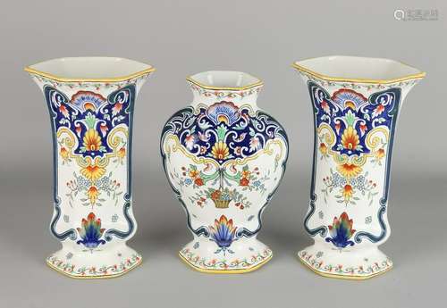 Three-piece French Fayence polychrome garniture. Circa