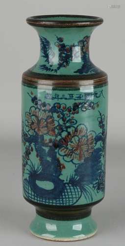 Ancient Chinese porcelain vase with green glaze, floral