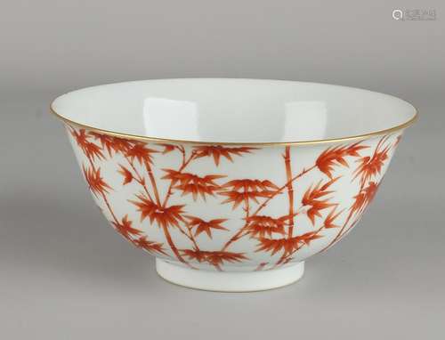 Old / antique Chinese porcelain bowl with red bamboo