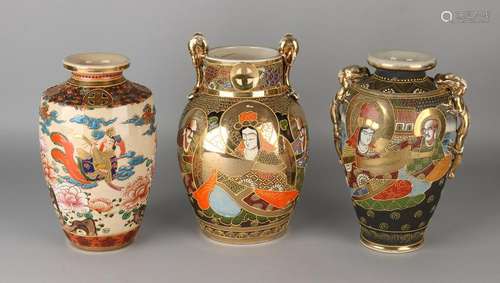 Three antique Japanese Satsuma ceramic vases with