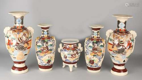 Five-piece antique Japanese Satsuma garniture with