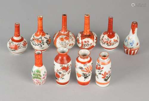 Ten antique miniature Japanese Kutani vases. Circa