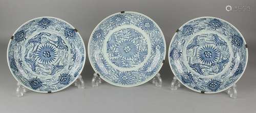 Three antique Chinese porcelain plates with blue