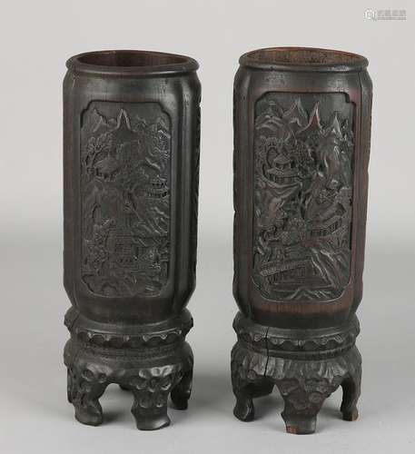 Two antique Chinese carved bamboo brush pot with texts