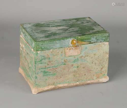 Antique Chinese Ming lid box. Terracotta, partly green