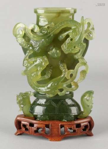 Old / antique big Chinese green jade dragon vase wood