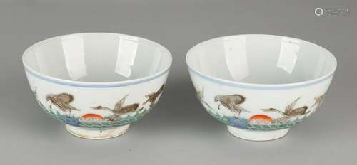 Two ancient Chinese porcelain bowls with crane surfaced