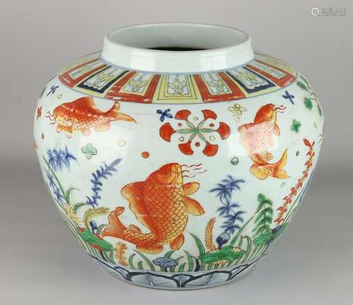 Big old Chinese porcelain vase with goldfish decor and